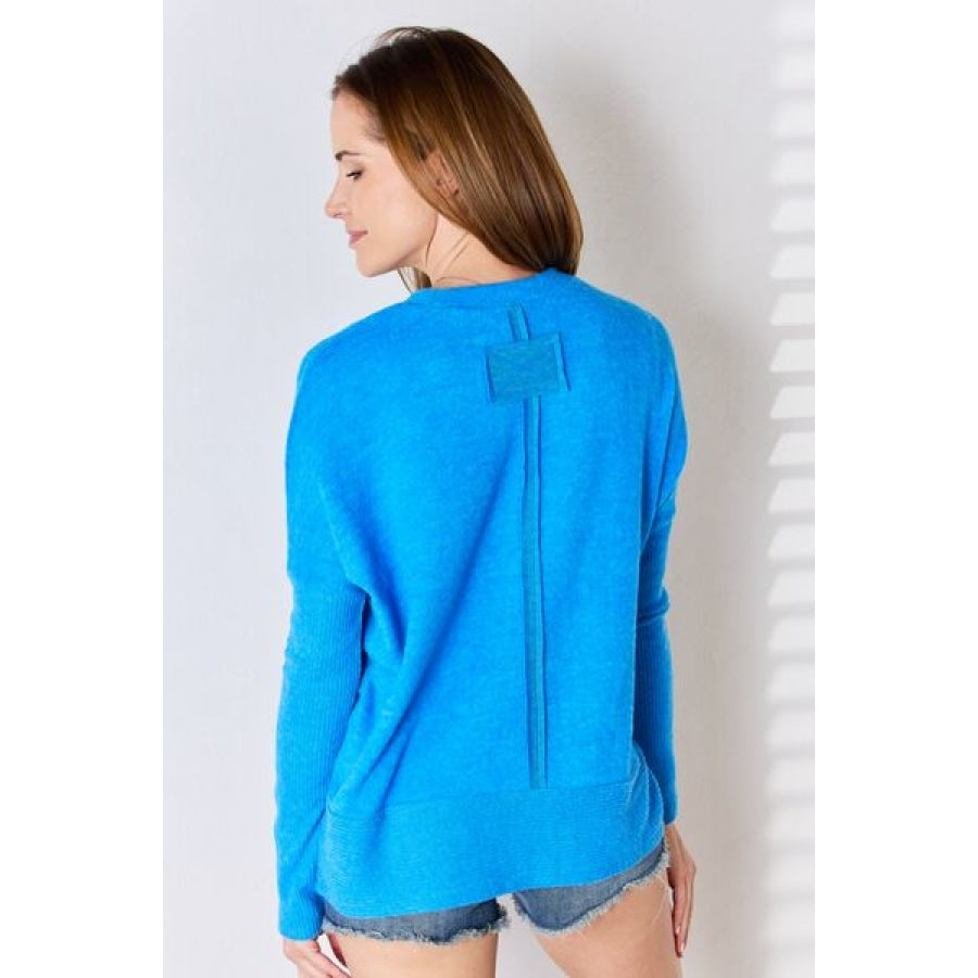 Zenana Ribbed Trim Round Neck Long Sleeve Top Apparel and Accessories