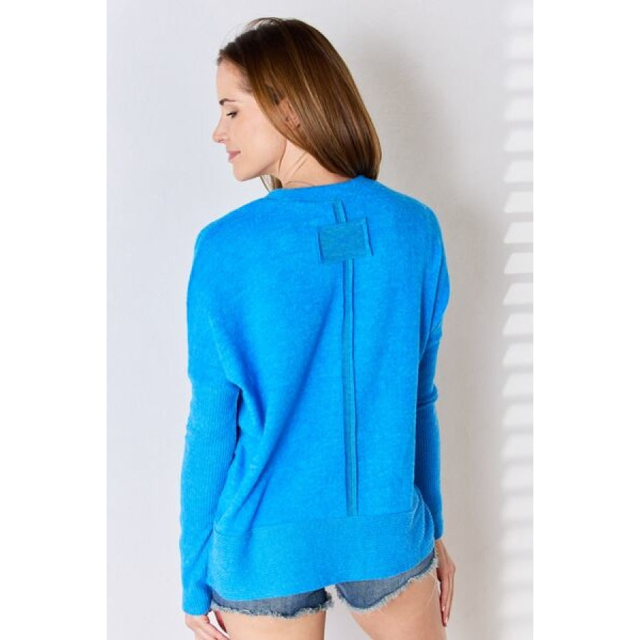 Zenana Ribbed Trim Round Neck Long Sleeve Top Ocean Blue / S Apparel and Accessories