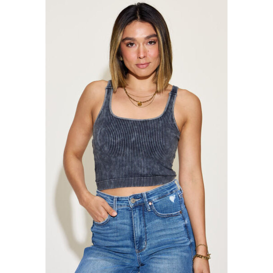 Zenana Ribbed Washed Square Neck Tank ASH BLACK / S/M Apparel and Accessories