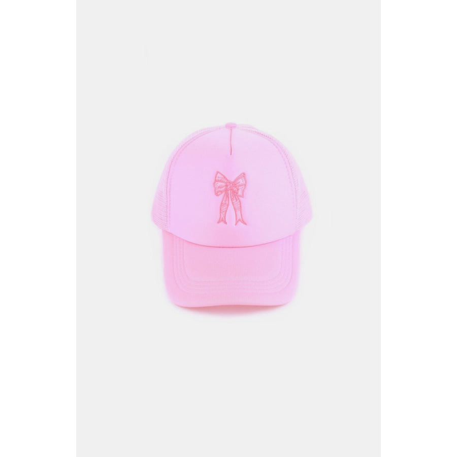 Zenana Ribbon Bow Embroidery Trucker Hat Pink / One Size Apparel and Accessories