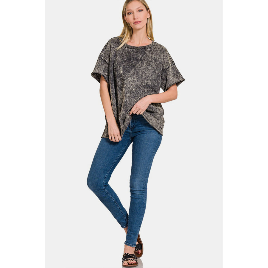 Zenana Rolled Round Neck Short Sleeve T-Shirt Apparel and Accessories