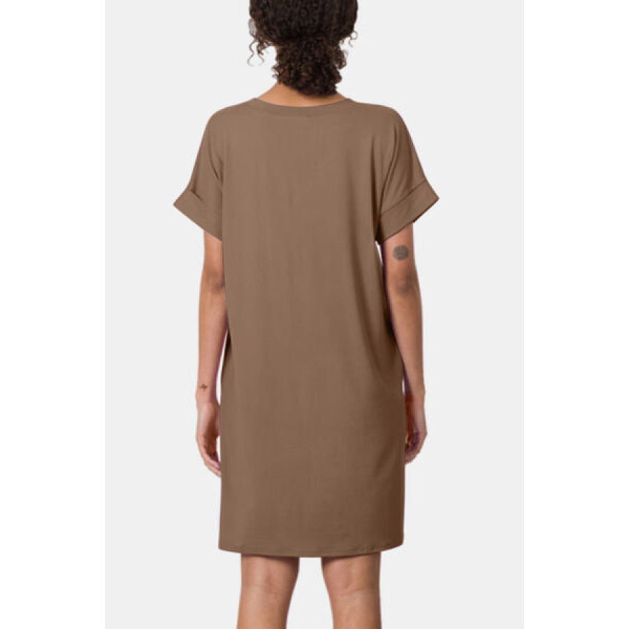 Zenana Rolled Short Sleeve V - Neck Dress MOCHA / S Apparel and Accessories