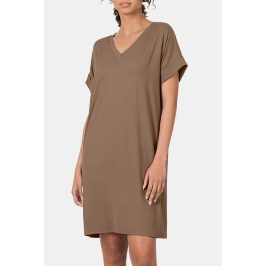 Zenana Rolled Short Sleeve V - Neck Dress Apparel and Accessories
