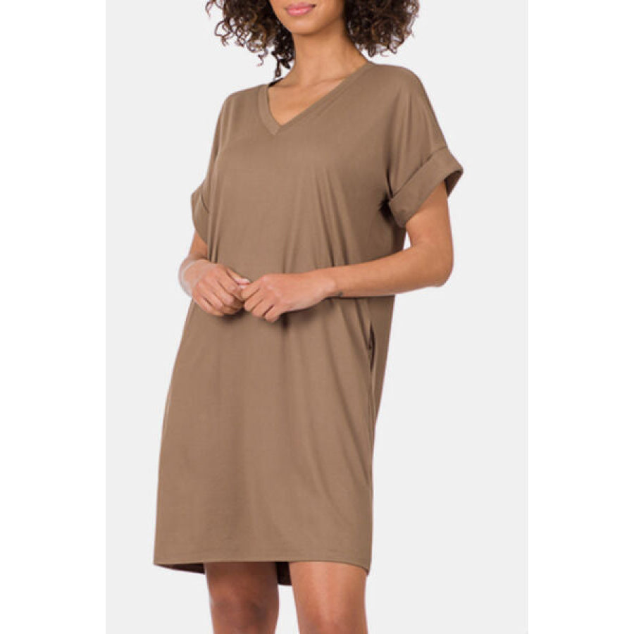 Zenana Rolled Short Sleeve V - Neck Dress MOCHA / S Apparel and Accessories