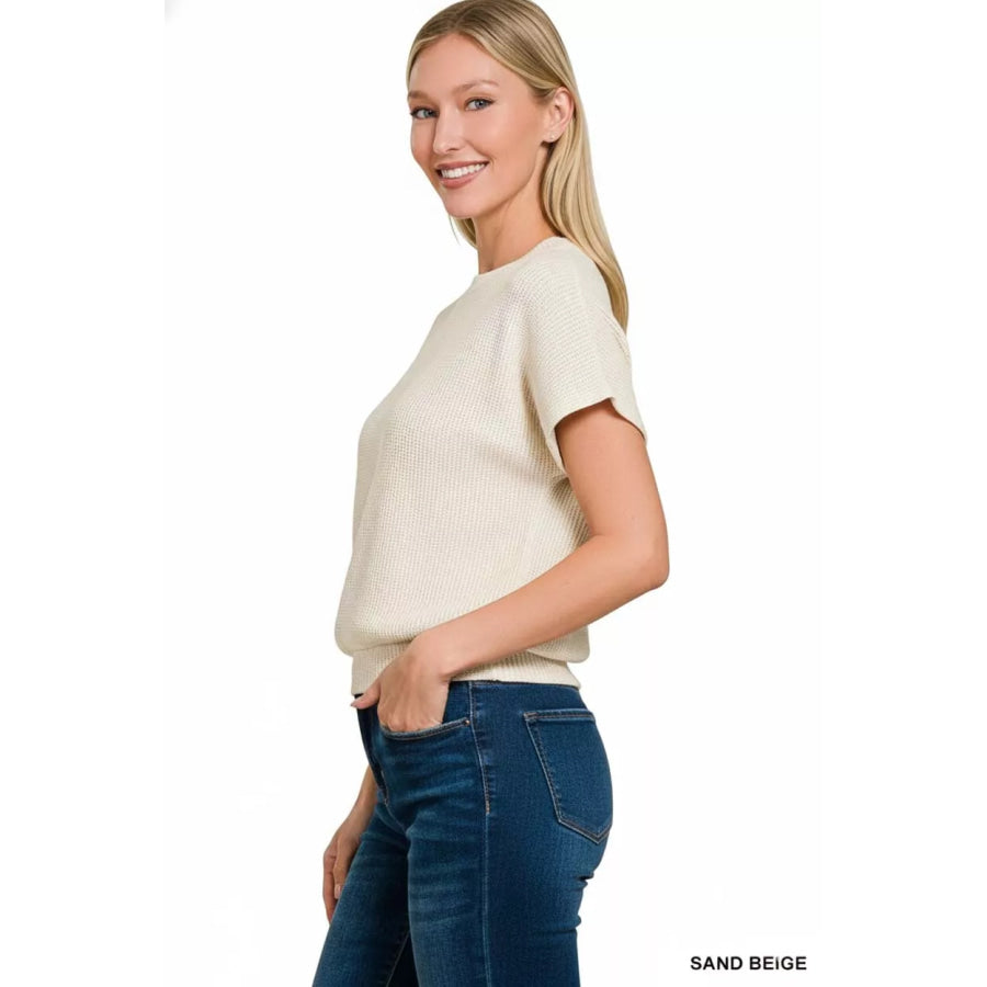 Zenana Round Neck Banded Botton Short Sleeve Sweater Apparel and Accessories