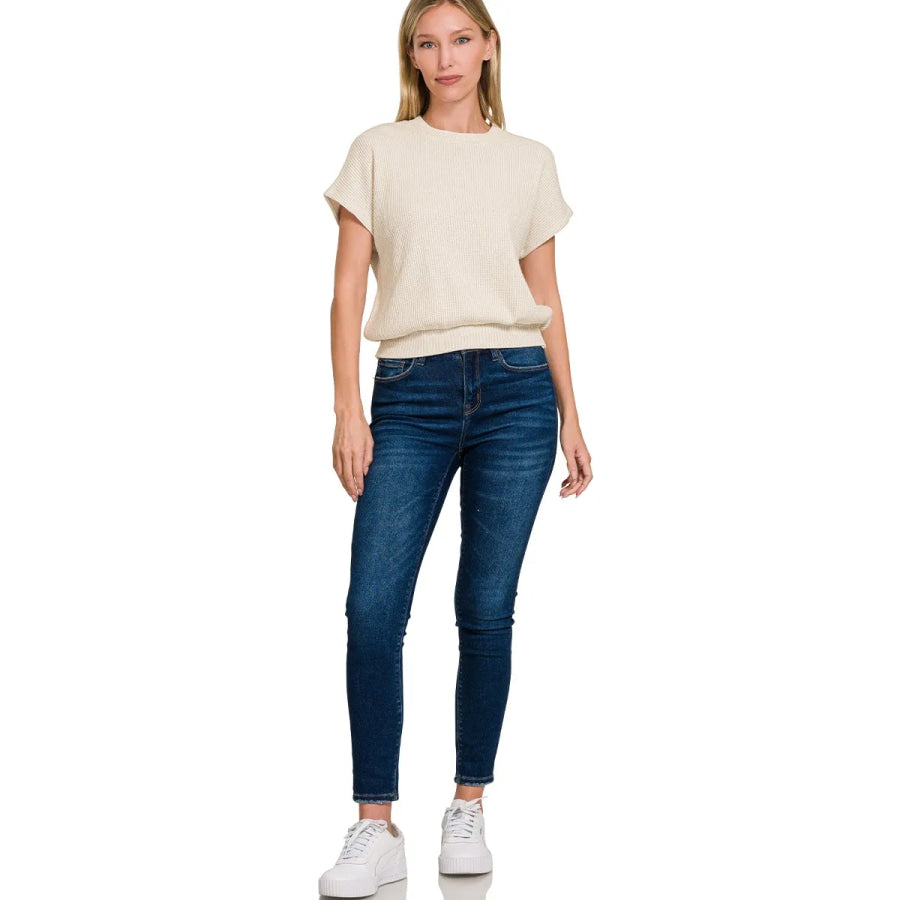 Zenana Round Neck Banded Botton Short Sleeve Sweater SAND BEIGE / S Apparel and Accessories