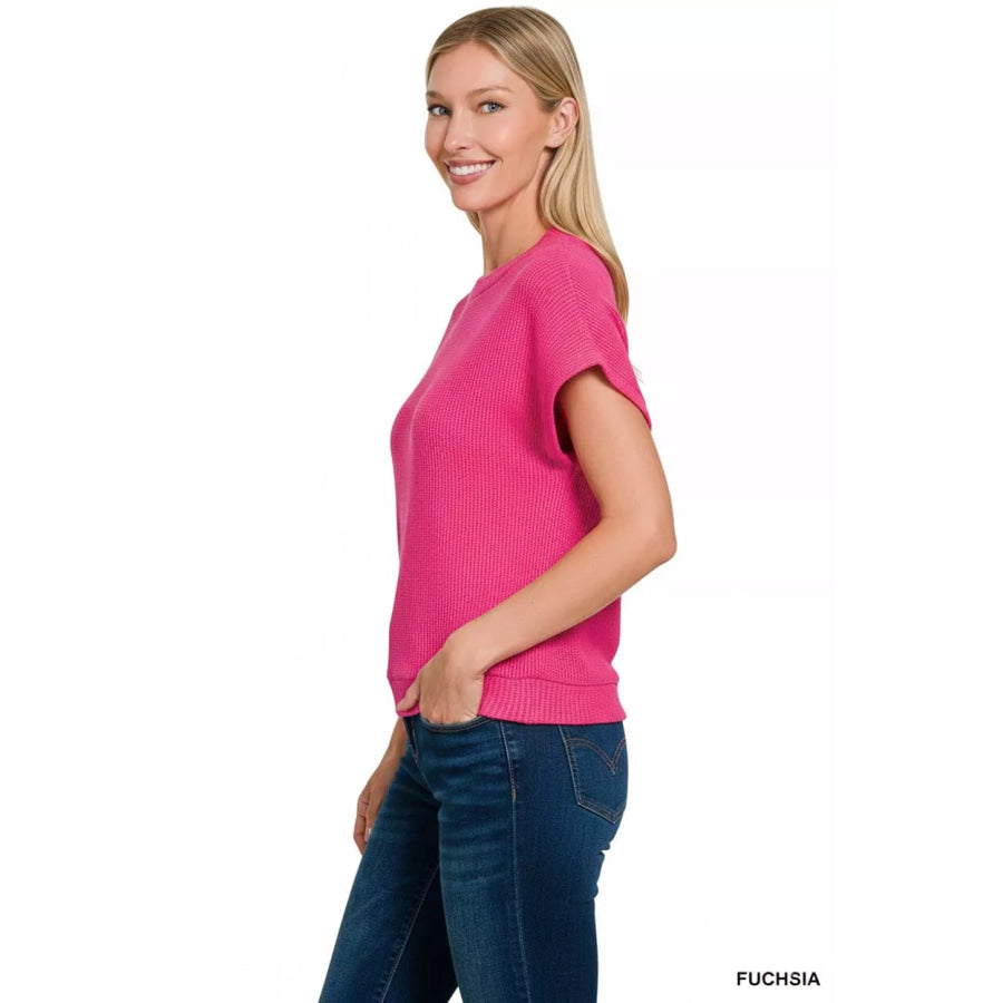 Zenana Round Neck Banded Botton Short Sleeve Sweater Apparel and Accessories