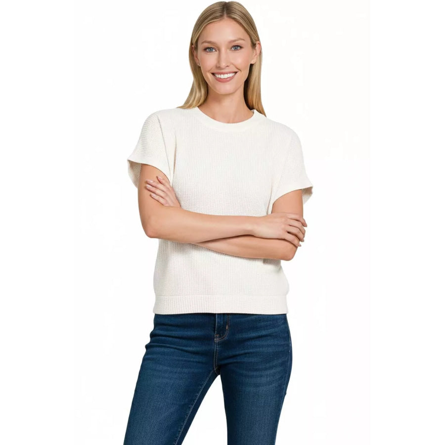 Zenana Round Neck Banded Botton Short Sleeve Sweater OFF WHITE / S Apparel and Accessories