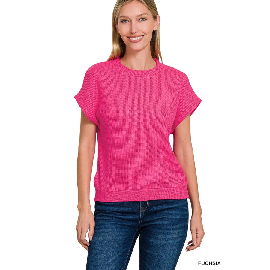 Zenana Round Neck Banded Botton Short Sleeve Sweater FUCHSIA / S Apparel and Accessories