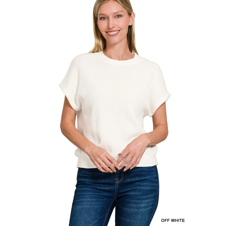 Zenana Round Neck Banded Botton Short Sleeve Sweater OFF WHITE / S Apparel and Accessories