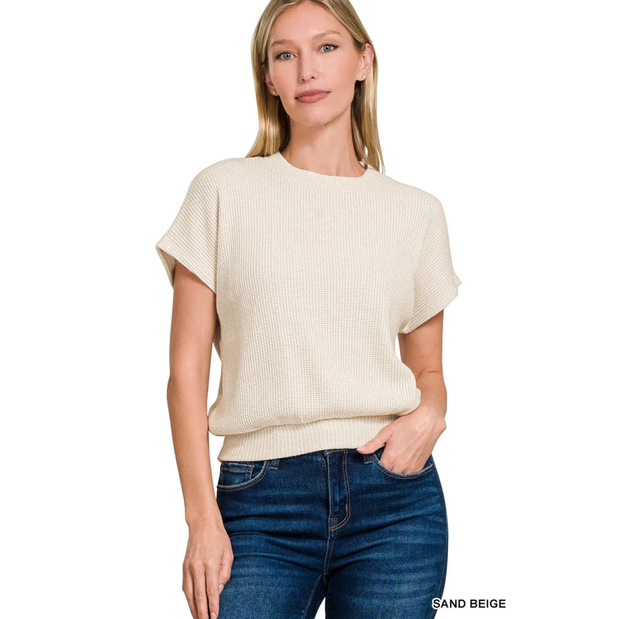 Zenana Round Neck Banded Botton Short Sleeve Sweater SAND BEIGE / S Apparel and Accessories