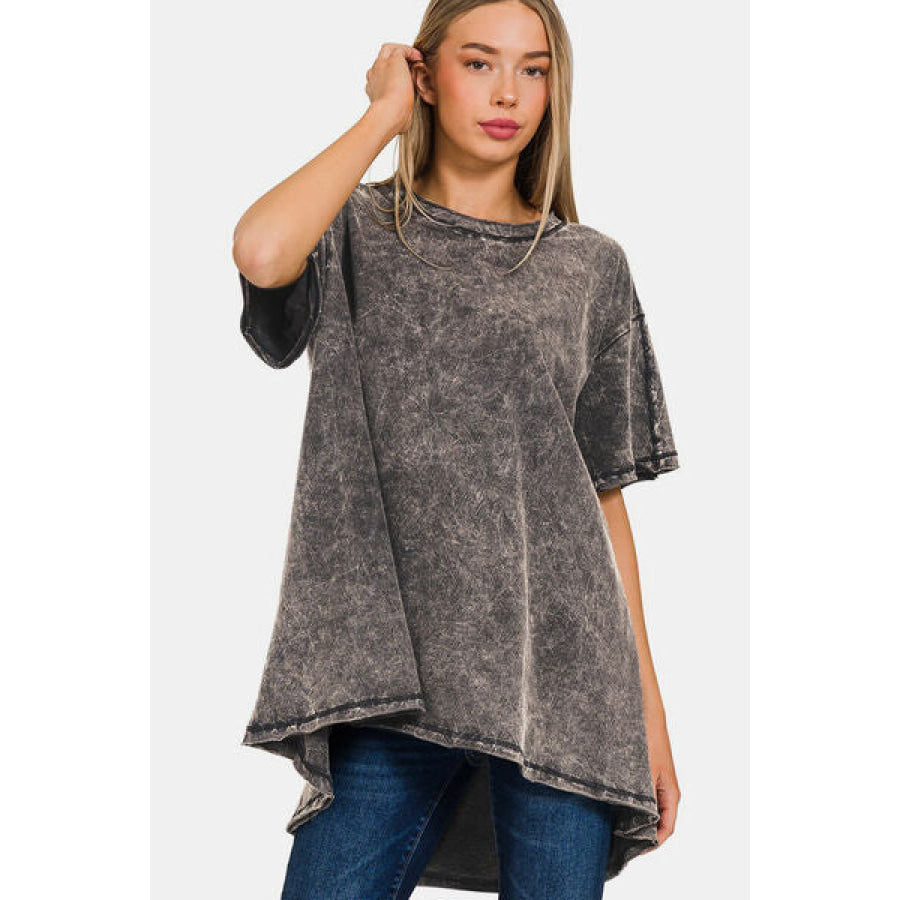 Zenana Round Neck Dropped Shoulder Blouse ASHBLACK / S/M Apparel and Accessories