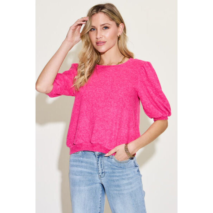 Zenana Round Neck Lantern Half Sleeve Sweater Fuchsia / S Apparel and Accessories