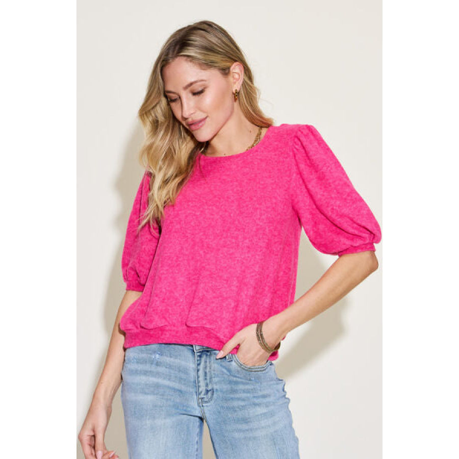 Zenana Round Neck Lantern Half Sleeve Sweater Fuchsia / S Apparel and Accessories