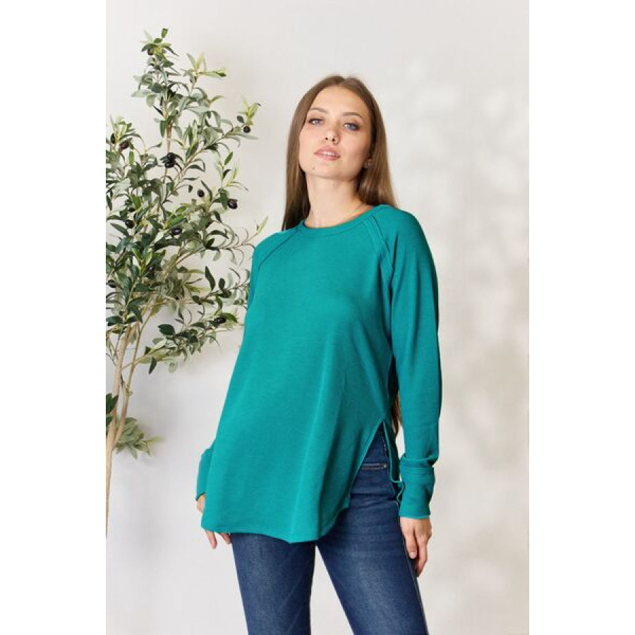 Zenana Round Neck Long Sleeve Slit Top Light Teal / S Apparel and Accessories