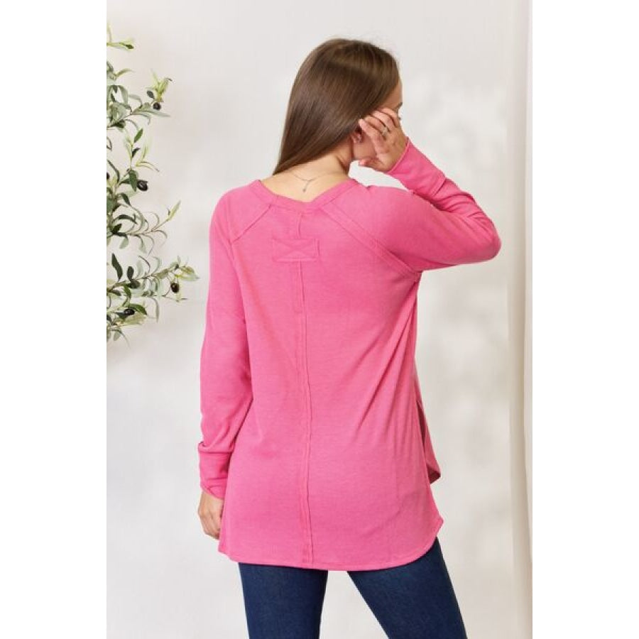 Zenana Round Neck Long Sleeve Slit Top Fuchsia / S Apparel and Accessories