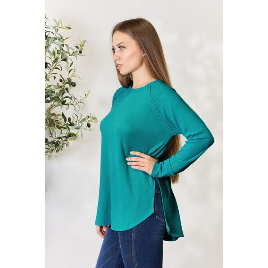 Zenana Round Neck Long Sleeve Slit Top Apparel and Accessories
