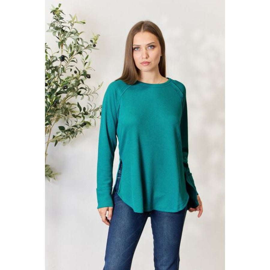 Zenana Round Neck Long Sleeve Slit Top Light Teal / S Apparel and Accessories