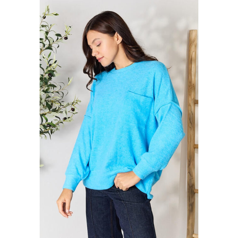Zenana Round Neck Long Sleeve Sweater with Pocket Deep Sky / S/M Clothing