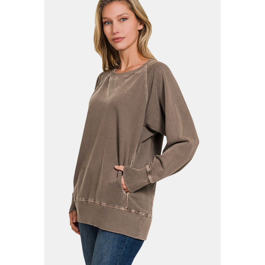 Zenana Round Neck Long Sleeve Sweatshirt Brown / S Apparel and Accessories