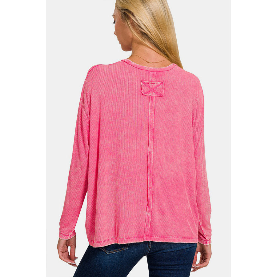 Zenana Round Neck Long Sleeve T - Shirt FUCHSIA / S/M Apparel and Accessories
