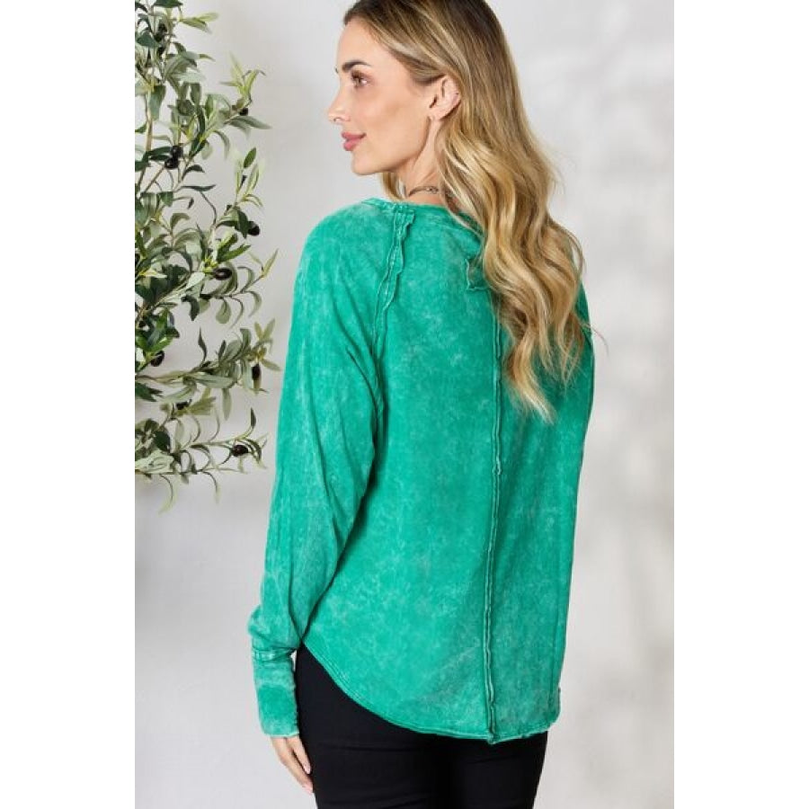 Zenana Round Neck Long Sleeve Top Kelly Green / S Clothing