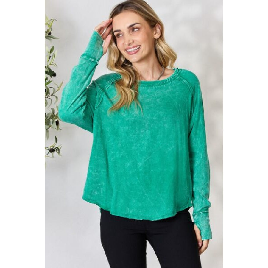 Zenana Round Neck Long Sleeve Top Kelly Green / S Clothing