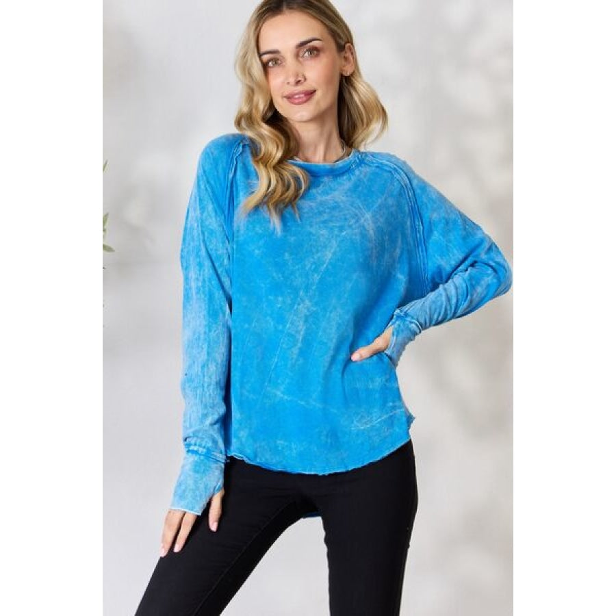Zenana Round Neck Long Sleeve Top Ocean Blue / S Clothing