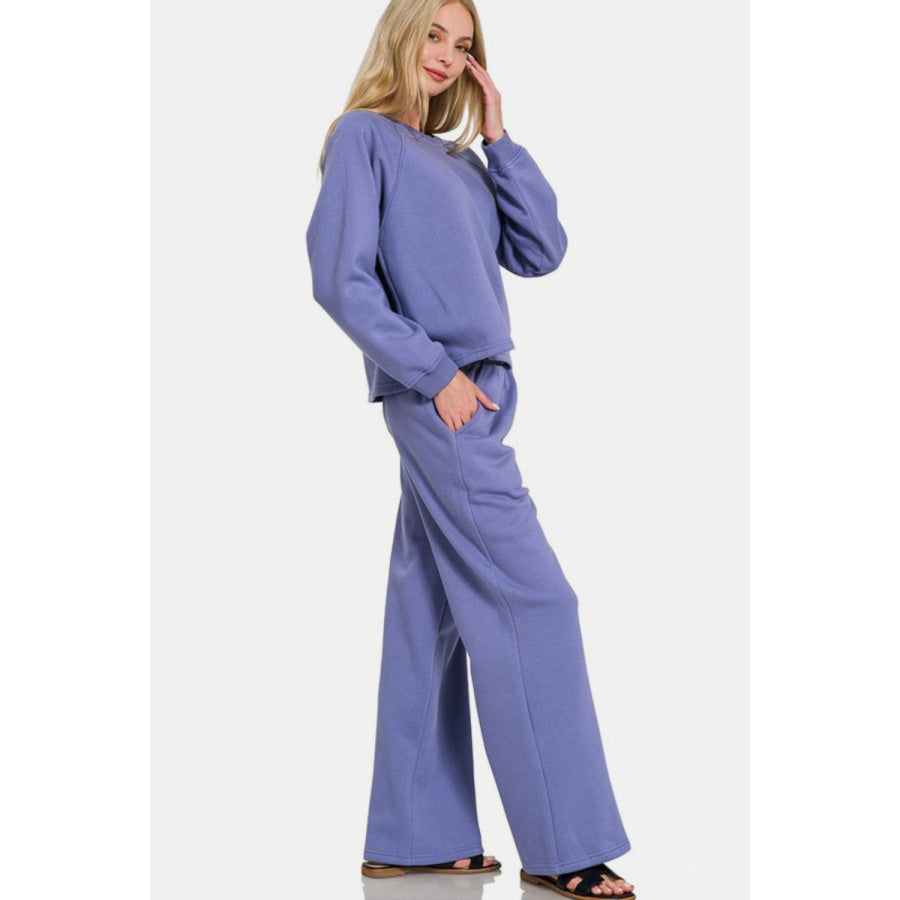 Zenana Round Neck Raglan Sleeve Top and Elastic Waist Pants Set Dusty Blue / S Apparel and Accessories