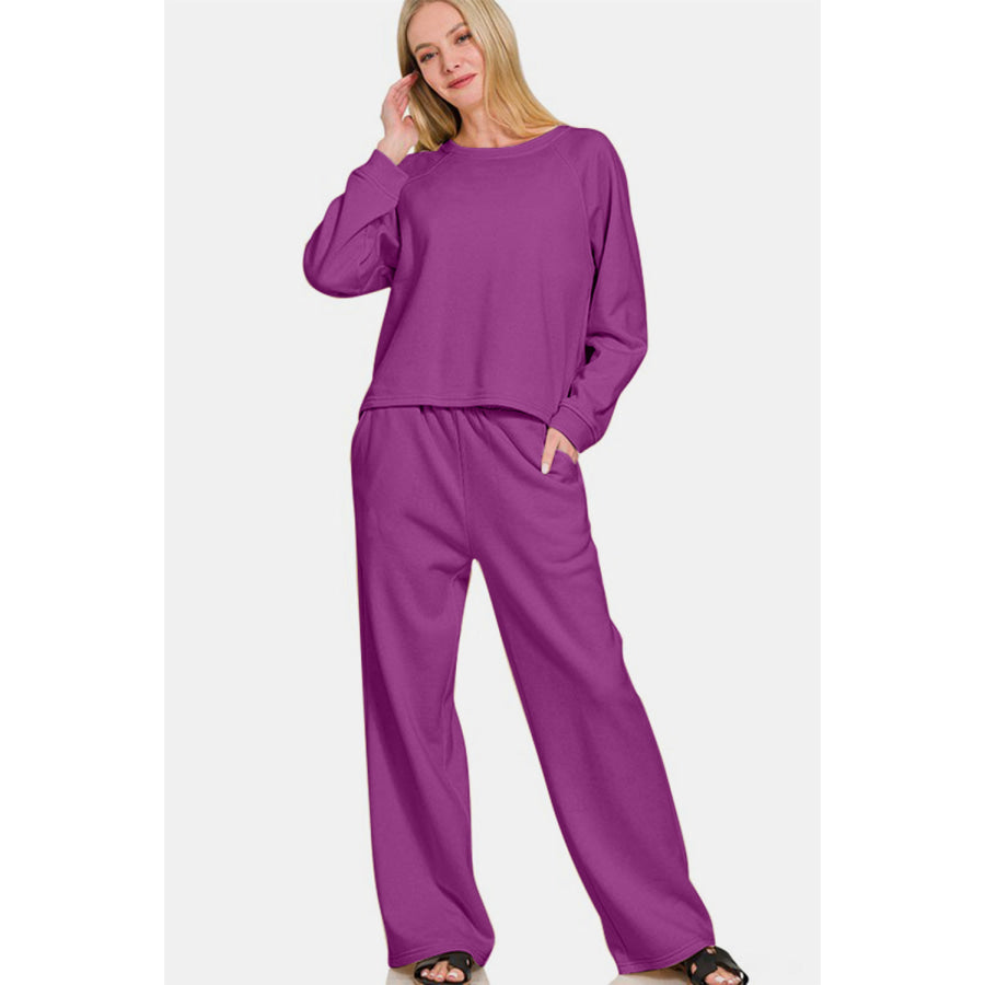 Zenana Round Neck Raglan Sleeve Top and Elastic Waist Pants Set Apparel and Accessories