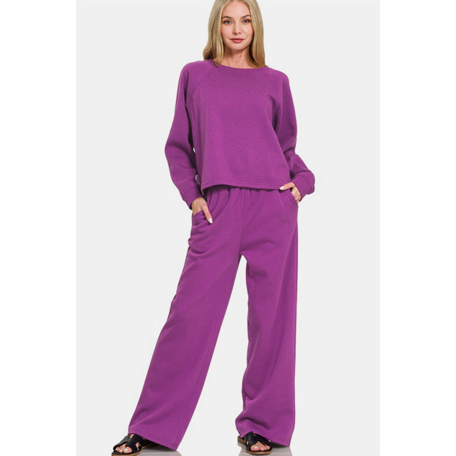 Zenana Round Neck Raglan Sleeve Top and Elastic Waist Pants Set Deep Purple / S Apparel and Accessories