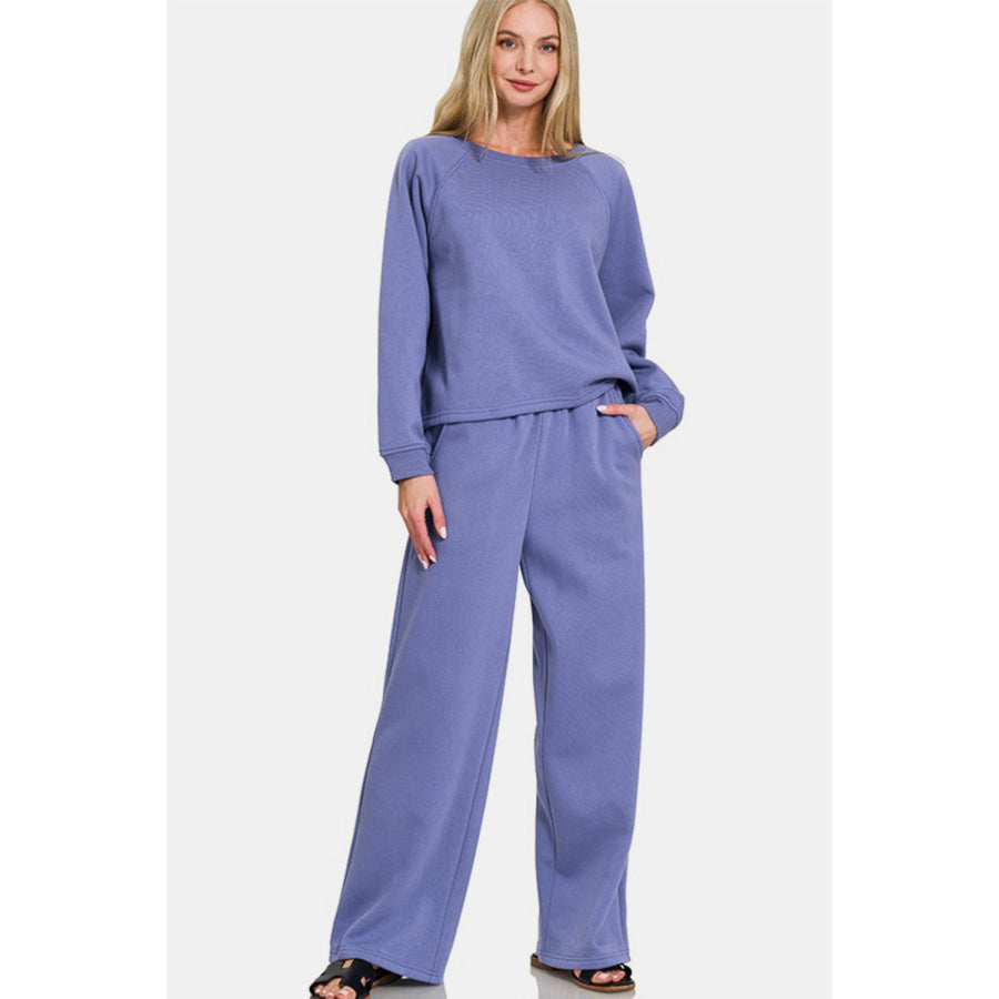 Zenana Round Neck Raglan Sleeve Top and Elastic Waist Pants Set Dusty Blue / S Apparel and Accessories