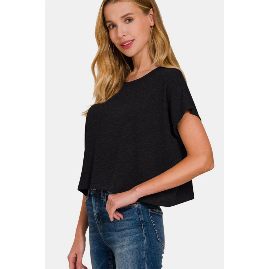 Zenana Round Neck Short Sleeve Crop T-Shirt Apparel and Accessories