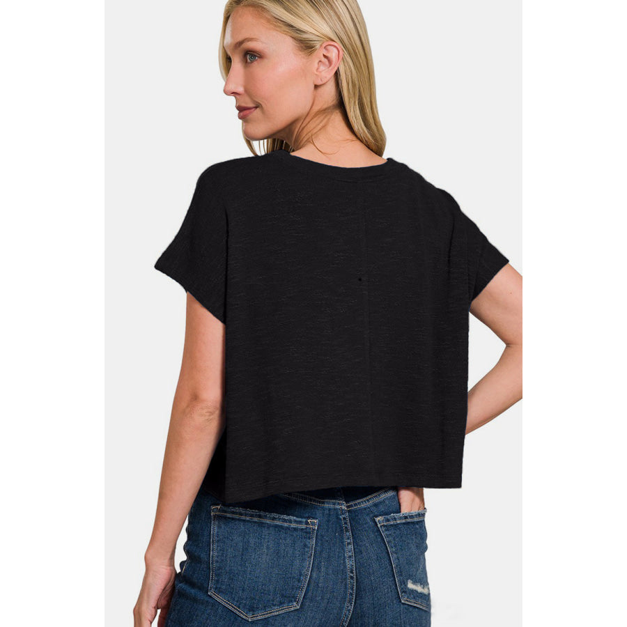 Zenana Round Neck Short Sleeve Crop T-Shirt Black / S Apparel and Accessories