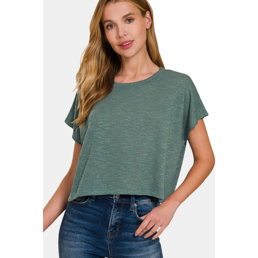 Zenana Round Neck Short Sleeve Crop T-Shirt Ash Jade / S Apparel and Accessories