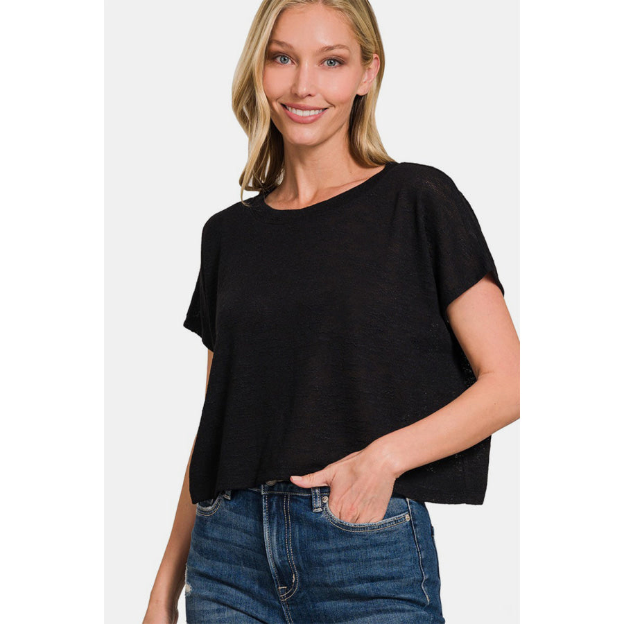 Zenana Round Neck Short Sleeve Crop T-Shirt Black / S Apparel and Accessories