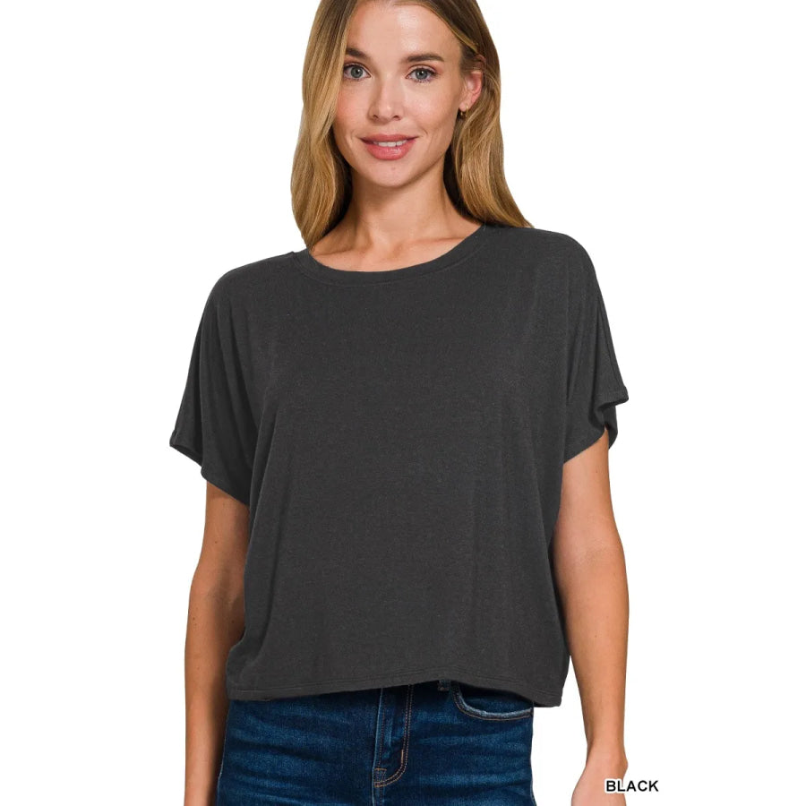 Zenana Round Neck Short Sleeve Cropped T-Shirt BLACK / S Apparel and Accessories