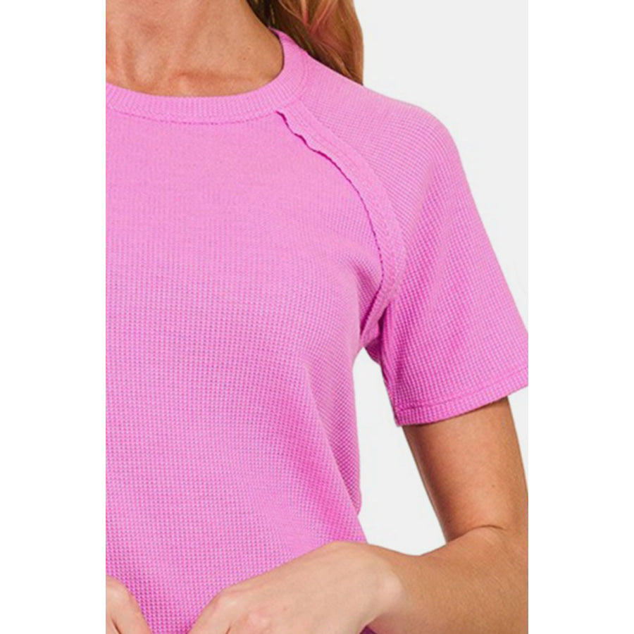 Zenana Round Neck Short Sleeve Waffle T - Shirt BRIGHT MAUVE / S Apparel and Accessories