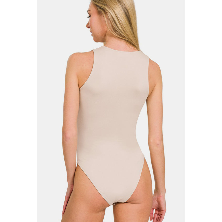 Zenana Round Neck Sleeveless Padded Bodysuit Sand Beige / S Apparel and Accessories