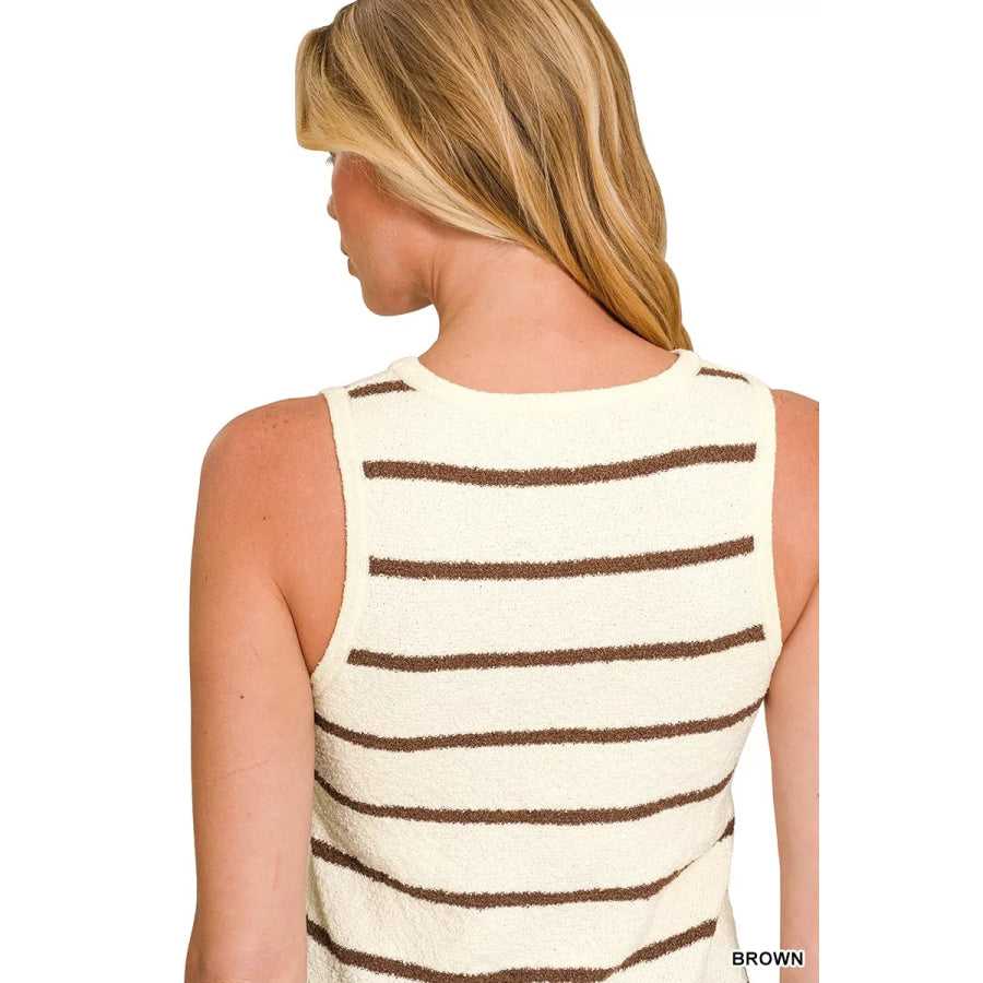 Zenana Round Neck Stripe Knit Tank Top Apparel and Accessories