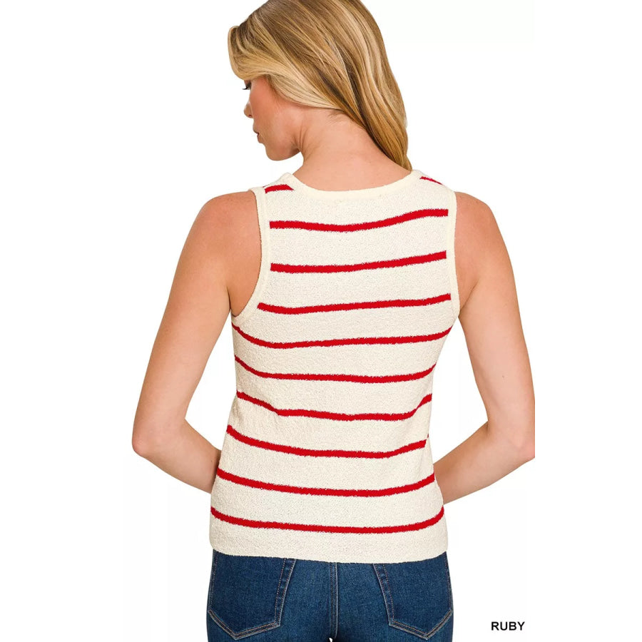 Zenana Round Neck Stripe Knit Tank Top Apparel and Accessories