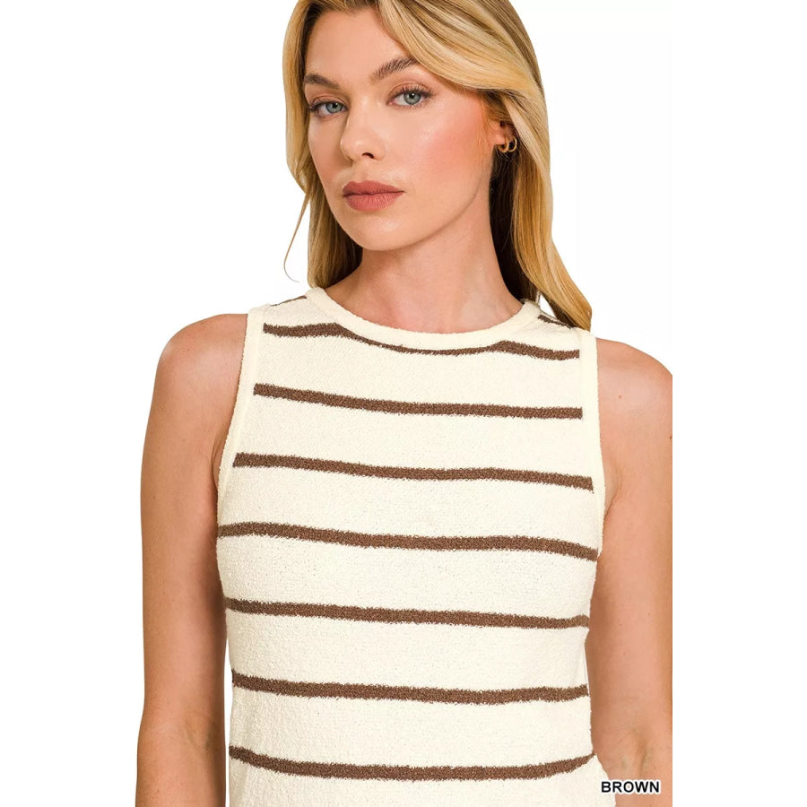 Zenana Round Neck Stripe Knit Tank Top Apparel and Accessories