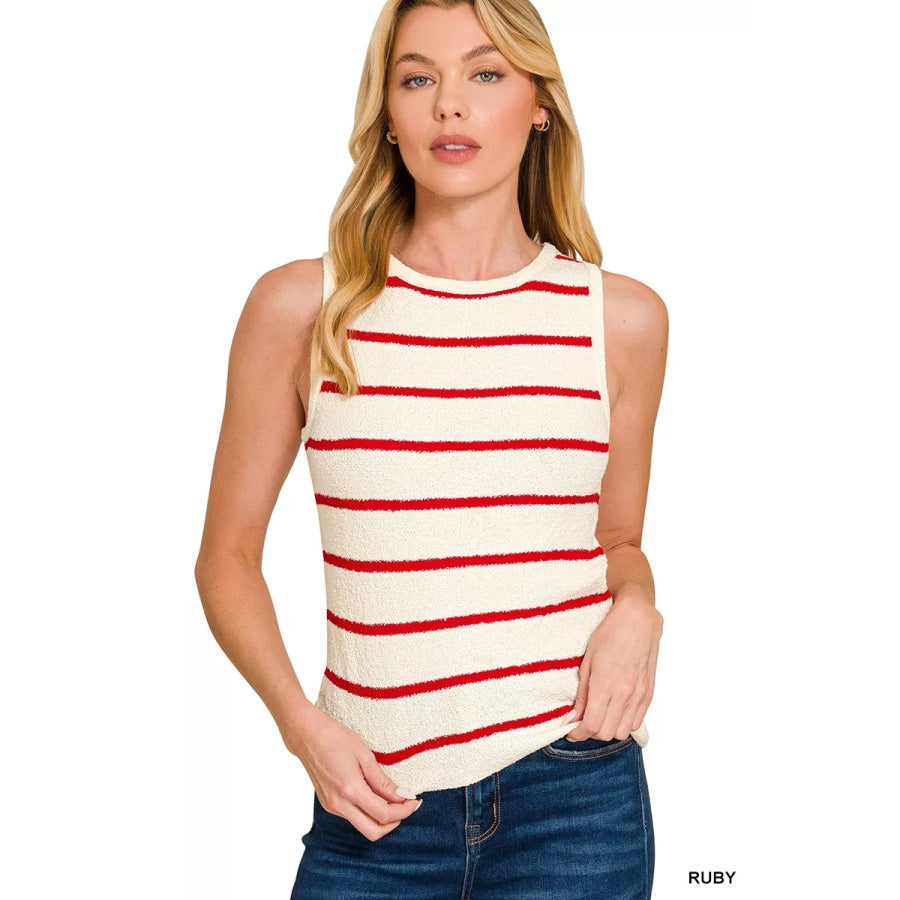 Zenana Round Neck Stripe Knit Tank Top RUBY / S Apparel and Accessories
