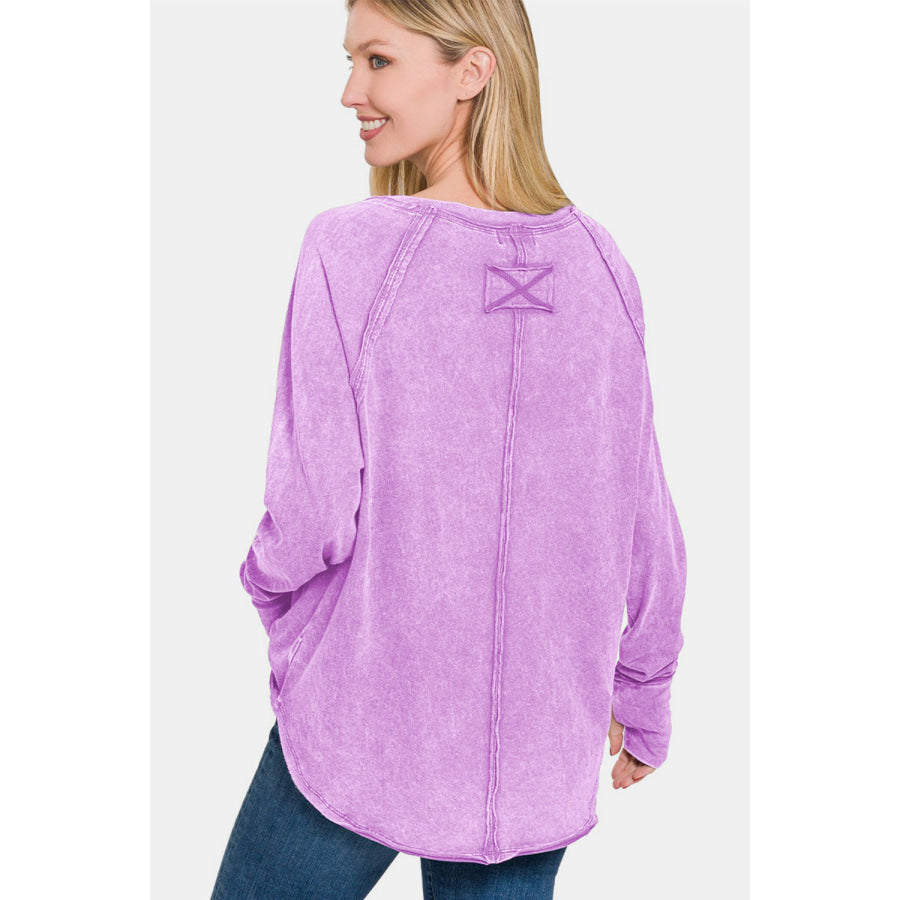 Zenana Round Neck Thumbhole Long Sleeve T-Shirt Apparel and Accessories