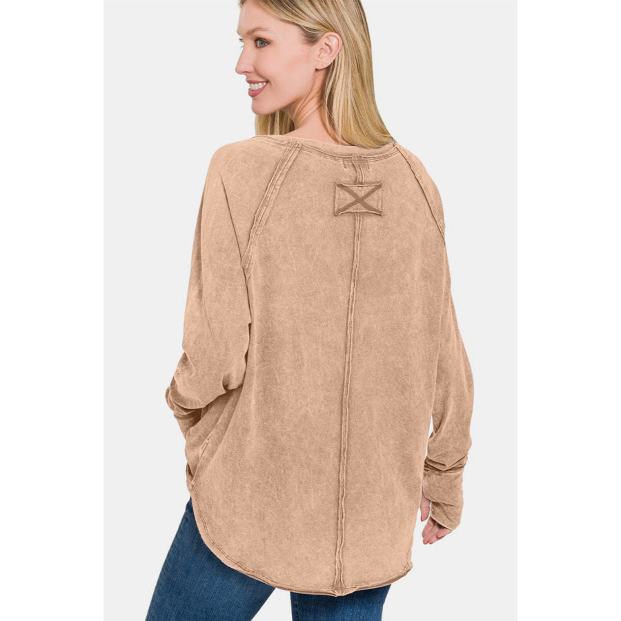 Zenana Round Neck Thumbhole Long Sleeve T-Shirt Apparel and Accessories