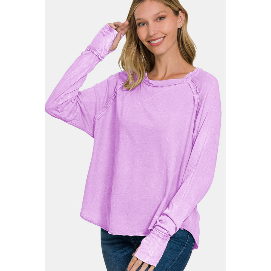 Zenana Round Neck Thumbhole Long Sleeve T-Shirt Apparel and Accessories