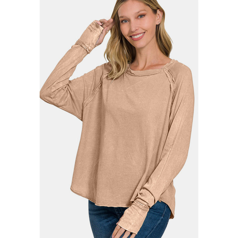 Zenana Round Neck Thumbhole Long Sleeve T-Shirt Apparel and Accessories