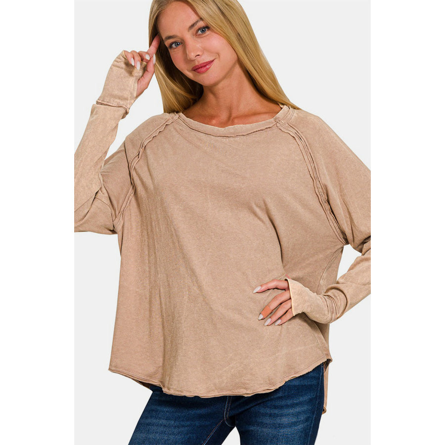 Zenana Round Neck Thumbhole Long Sleeve T-Shirt Ash Mocha / S Apparel and Accessories