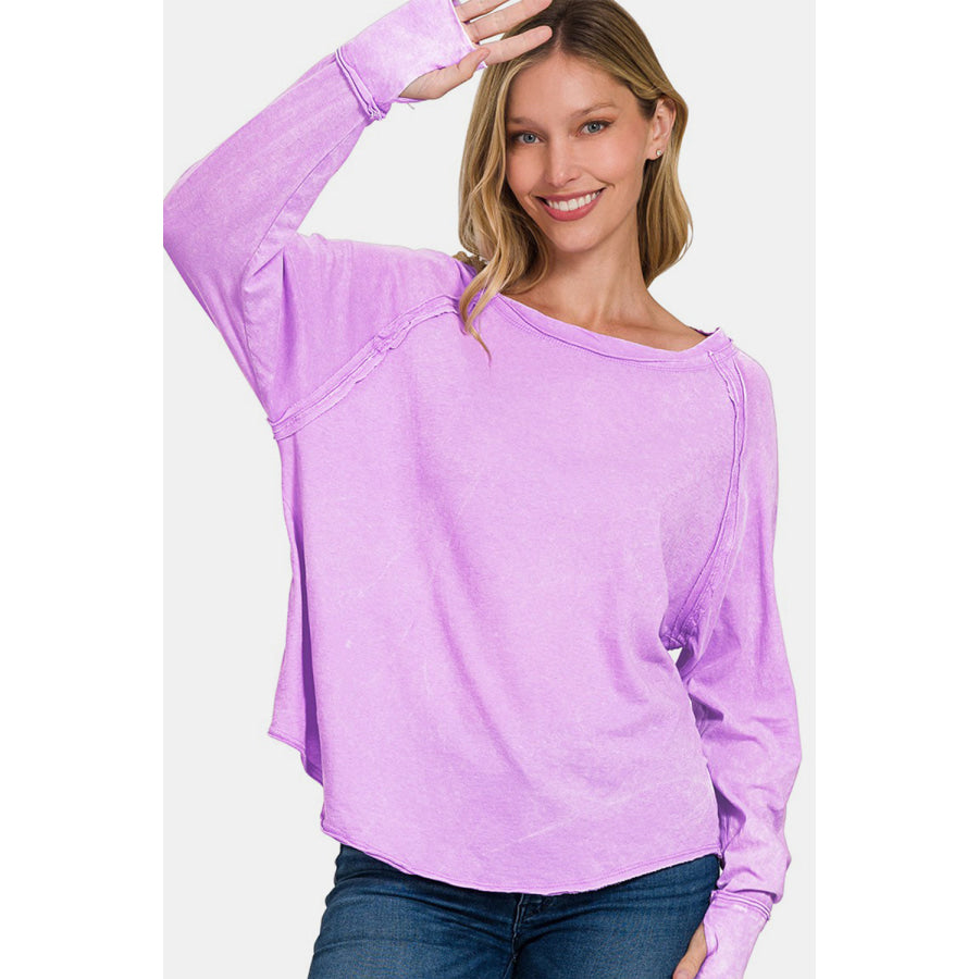 Zenana Round Neck Thumbhole Long Sleeve T-Shirt Lavender / S Apparel and Accessories