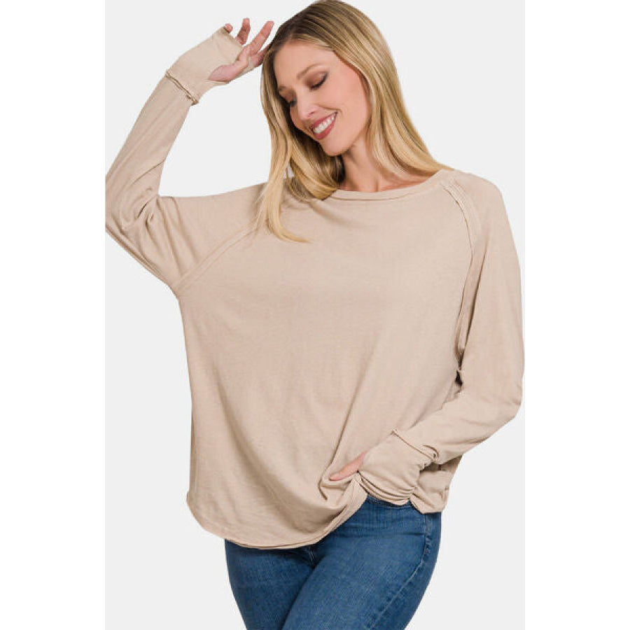 Zenana Round Neck Thumbhole Long Sleeve Top LT MOCHA / S Apparel and Accessories